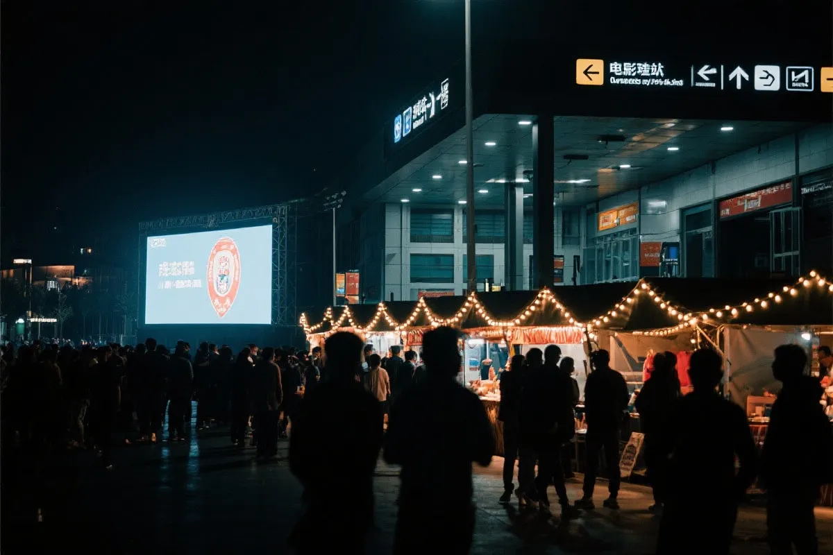 费城球迷广场夜景：大屏观赛人群、步行指示牌与公共交通入口